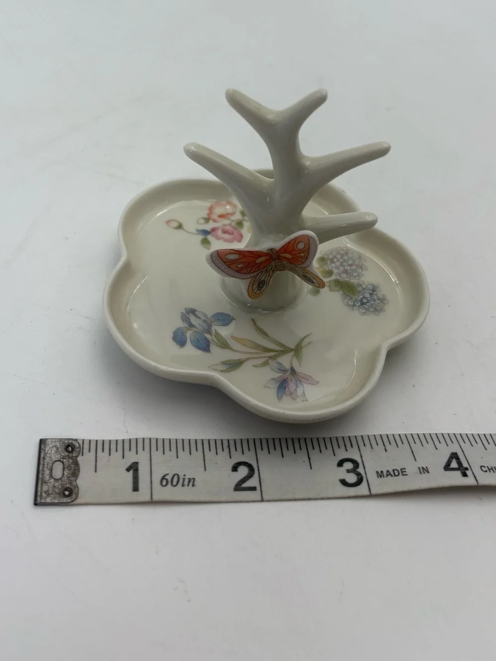 Vintage Porcelain Ring Holder Trinket Dish with Charming Butterfly Detail